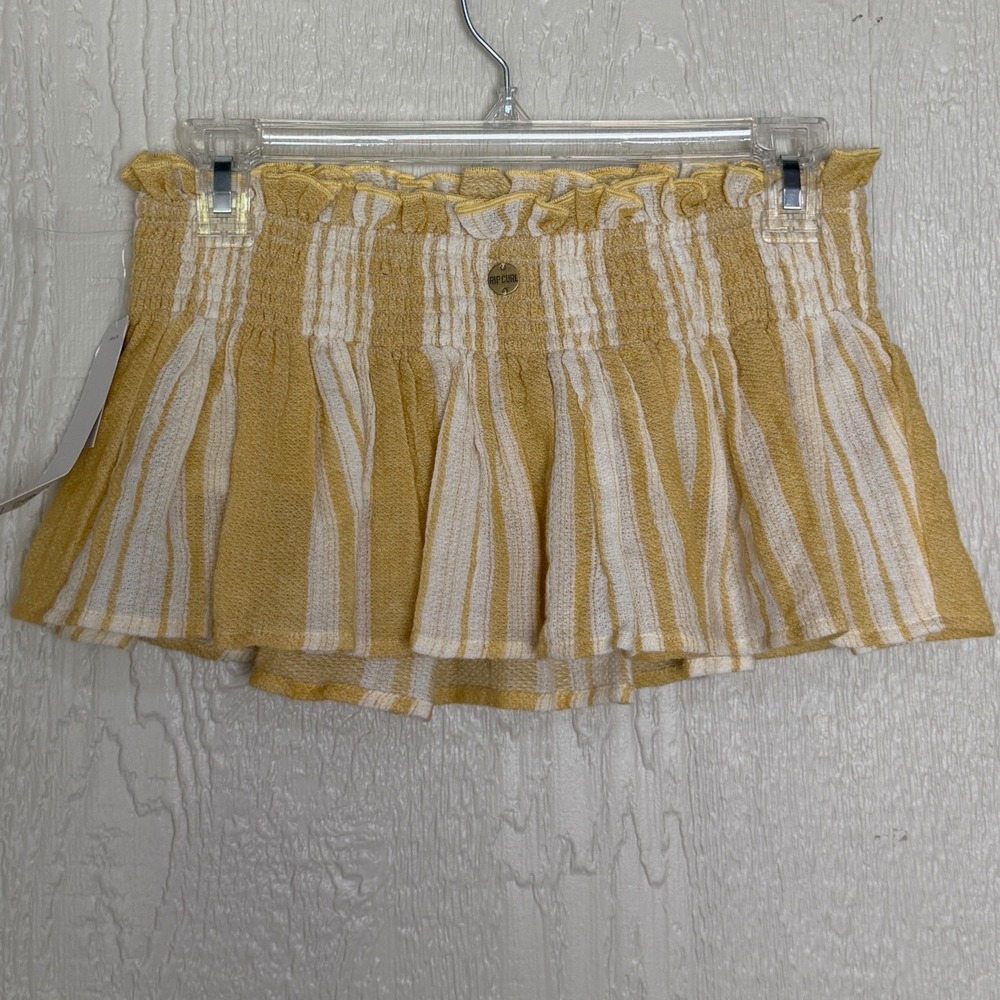 Rip Curl Seaside Stripe Bandeau Smocked‎ Peplum Top Beach Yellow White Small NEW